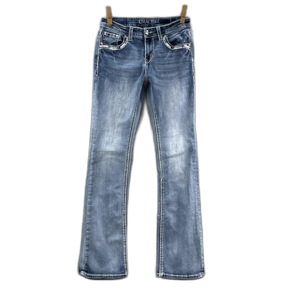 Grace in LA Bootcut Jeans Women 27 Blue Denim Embroidered Academia Western Rodeo